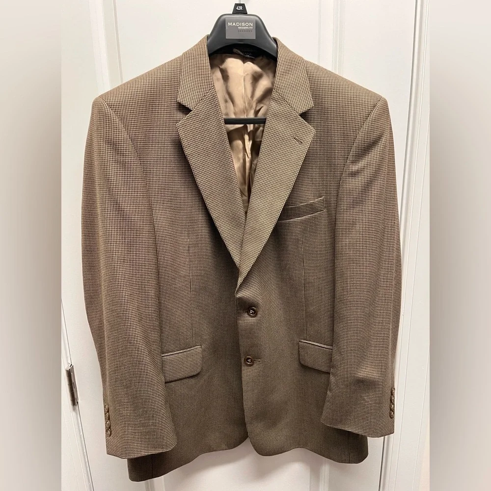 Jos. A. Bank Men's Tan Gordon 100% wool blazer 42L houndstooth brown